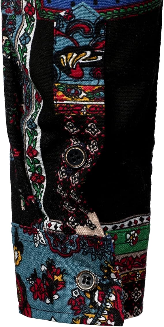PARKLEES Men's Cotton Linen-Like 70s Disco Retro Traditional Pattern Printed Long Sleeve Button Down Shirt