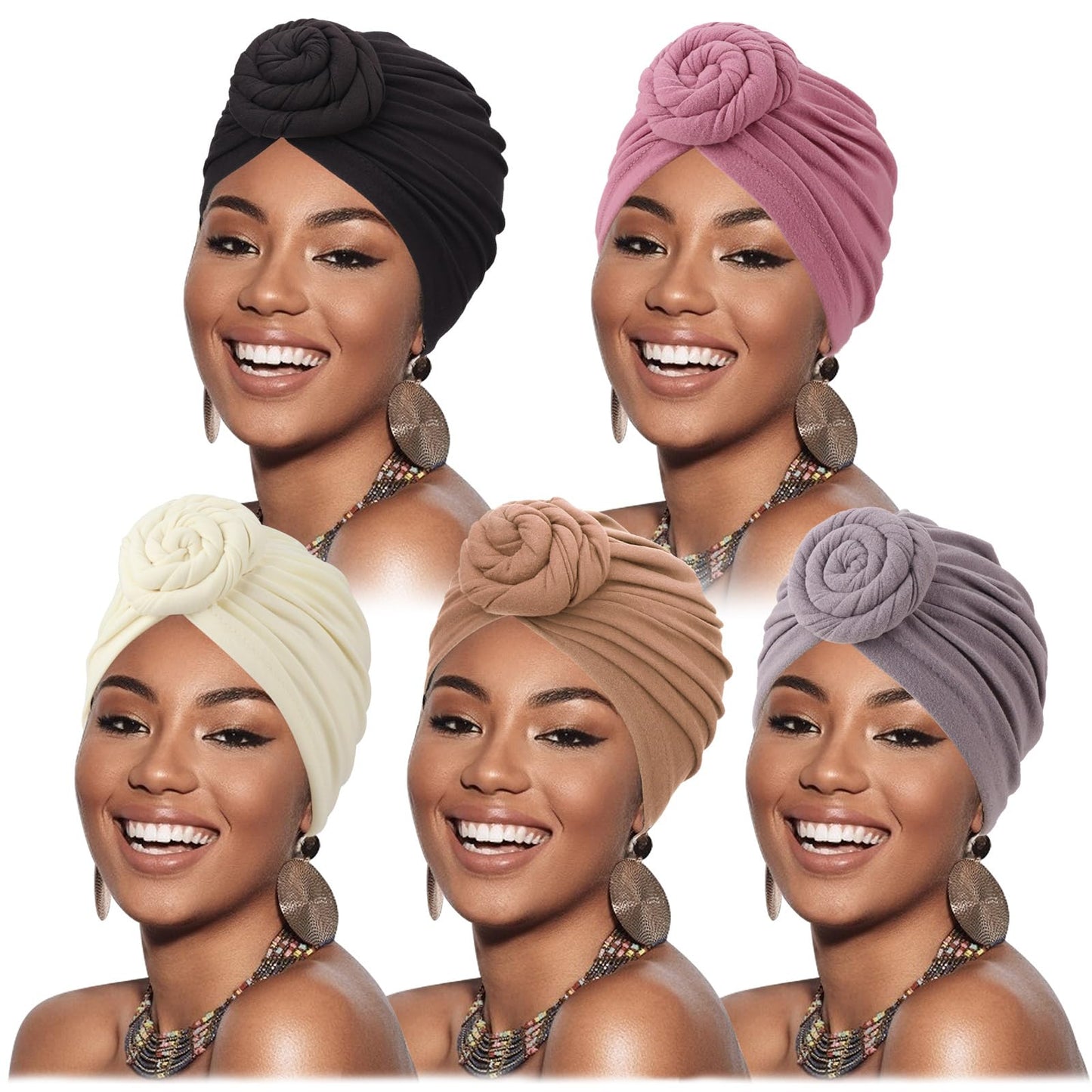 DRESHOW 5 Pack Knotted Headwraps for Women African Turban Pre-Knotted Beanie Headwraps Hair Covers