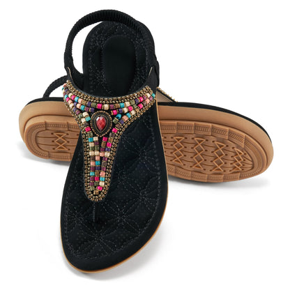 Ecetana Women's Flat Sandals Comfort Beaded Boho Summer Ankle Strap