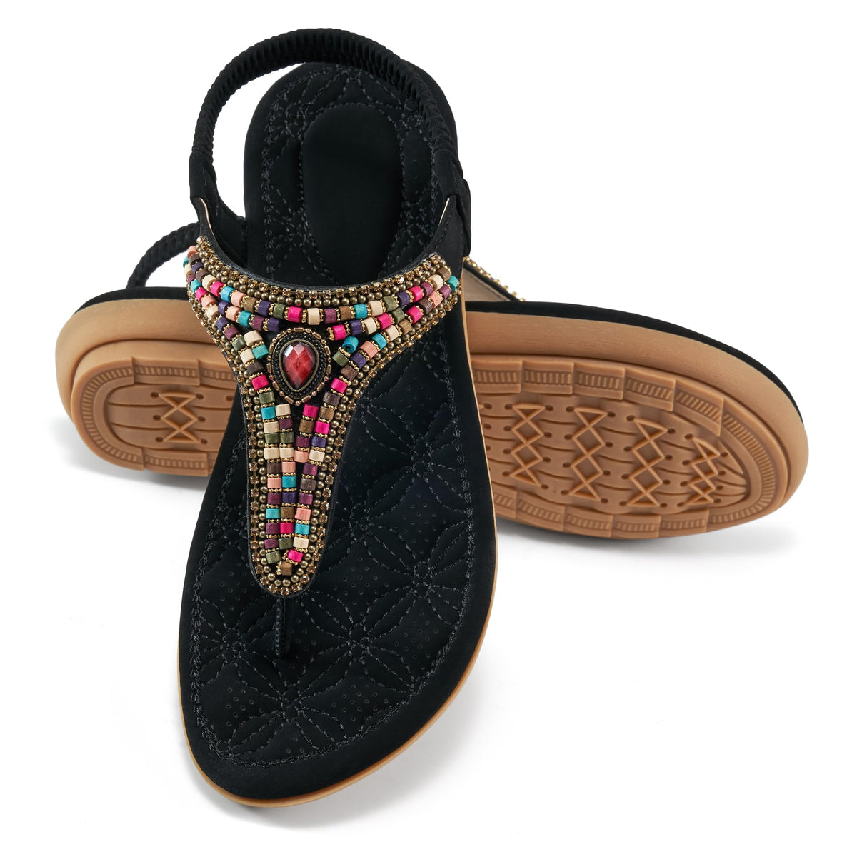 Ecetana Women's Flat Sandals Comfort Beaded Boho Summer Ankle Strap