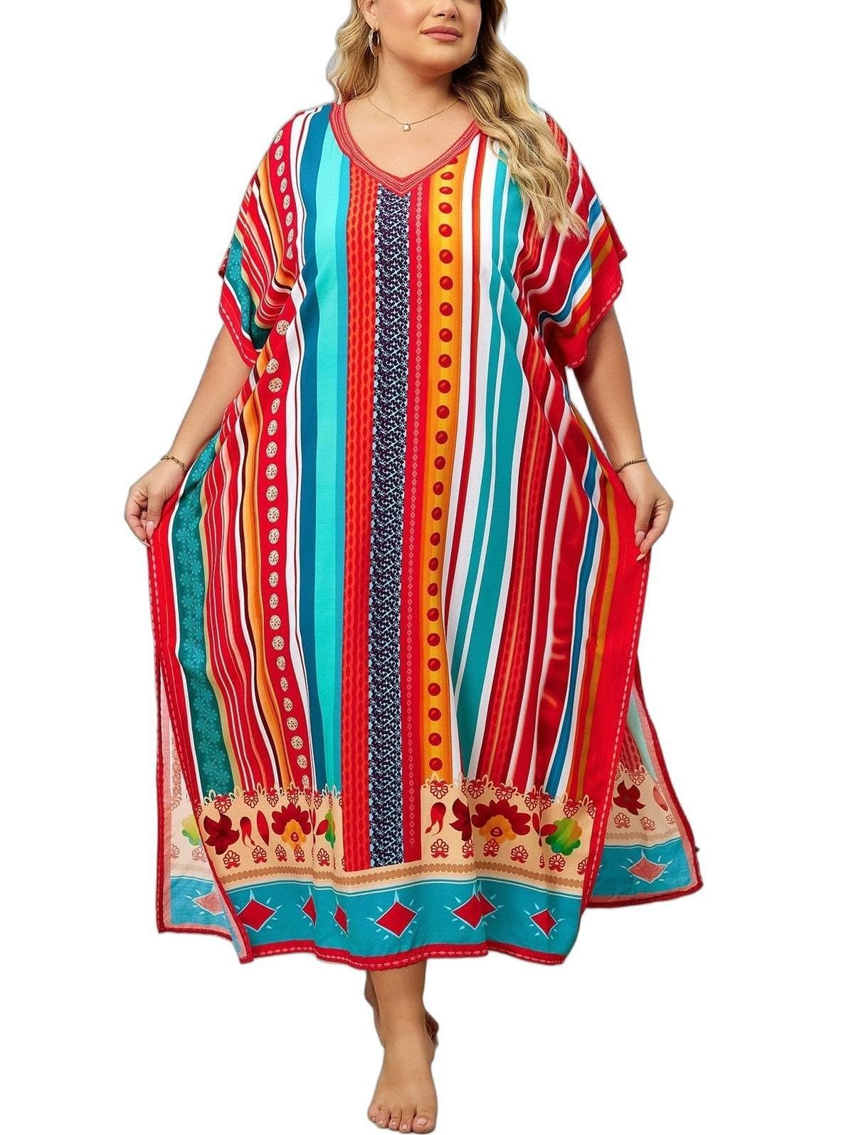 KECVOT Kaftan Dresses for Women V-Neck Print Swimsuit Cover Up Plus Size Beach Caftan Lounge Dress