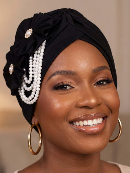 Woeoe Pearl Flower African Hats Pre-Tied Turbans Stretchy Twisted Church Wedding Head Wraps for Women