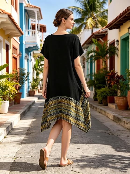 Minibee Women's Ethnic Cotton Linen Short/Long Sleeves Irregular Dress