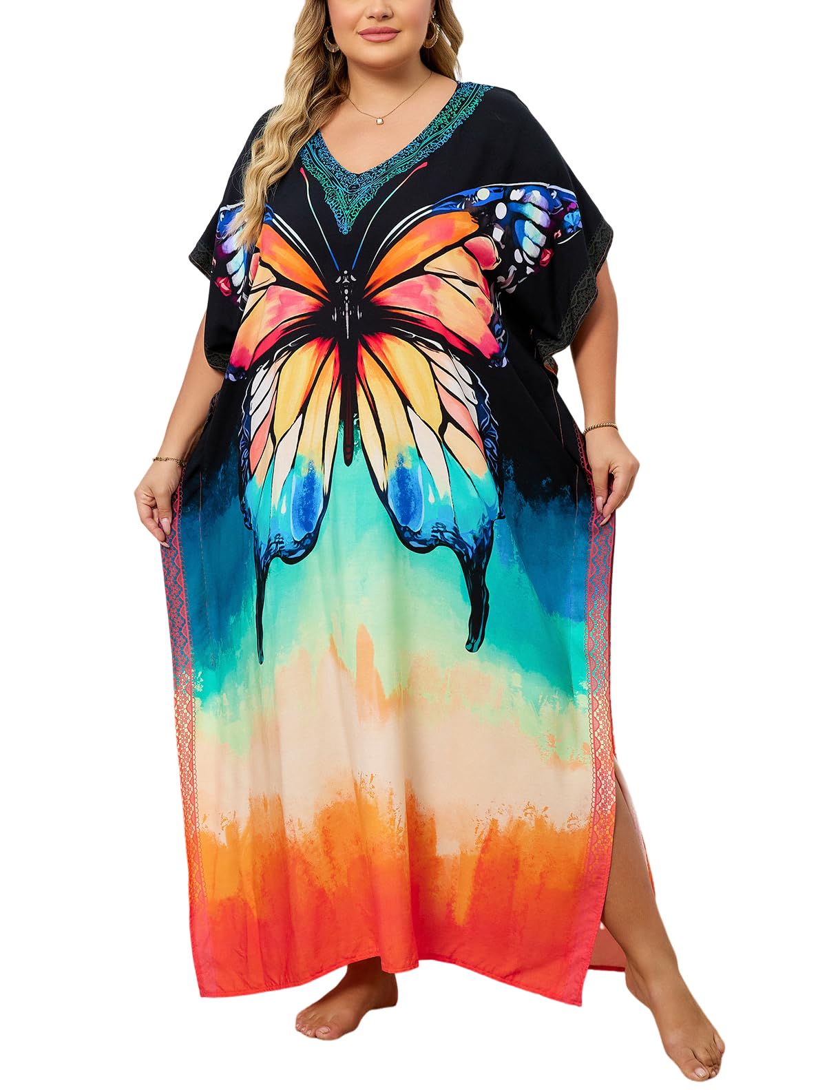 KECVOT Kaftan Dresses for Women V-Neck Print Swimsuit Cover Up Plus Size Beach Caftan Lounge Dress
