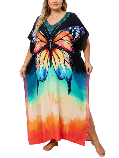 KECVOT Kaftan Dresses for Women V-Neck Print Swimsuit Cover Up Plus Size Beach Caftan Lounge Dress