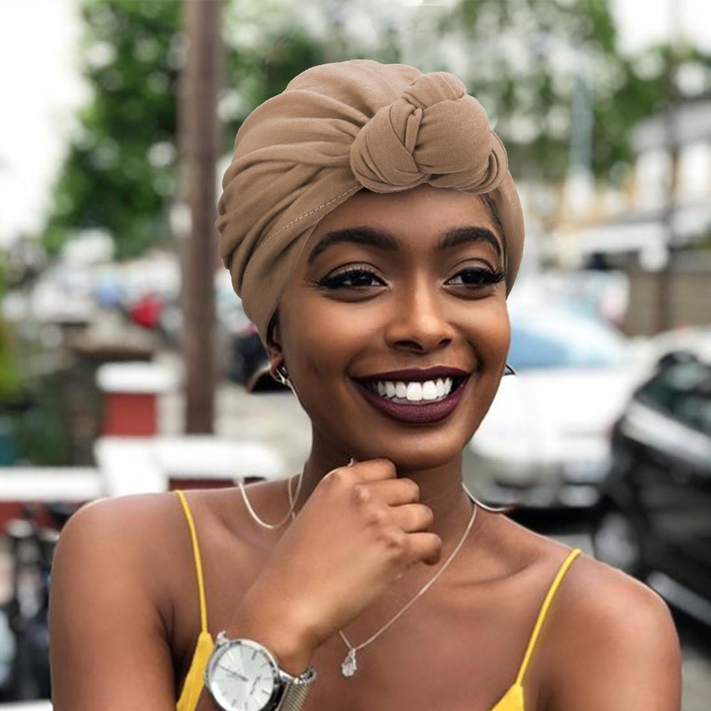 DRESHOW 5 Pack Knotted Headwraps for Women African Turban Pre-Knotted Beanie Headwraps Hair Covers