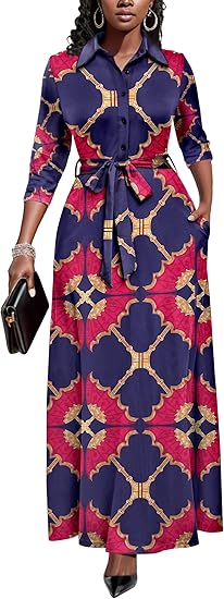 Runwind Women Church Maxi Dresses 3/4 Sleeve Button Down Print Casual Office Dress African