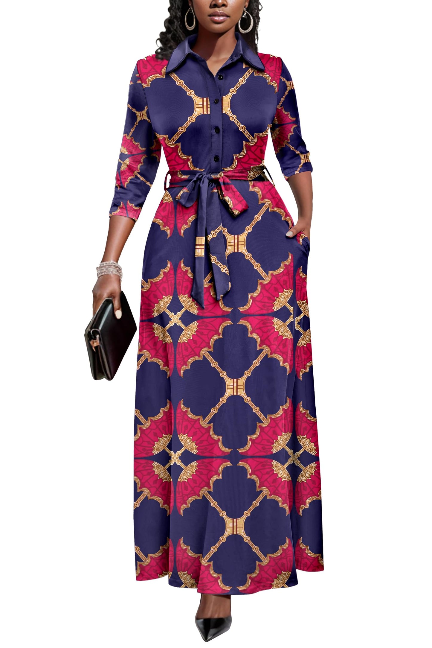 Rumwind Maxi Dresses for Women, 3/4 Sleeve Shirt Collar Casual Afircan Print Church Dress Button Down with Belt and Pockets