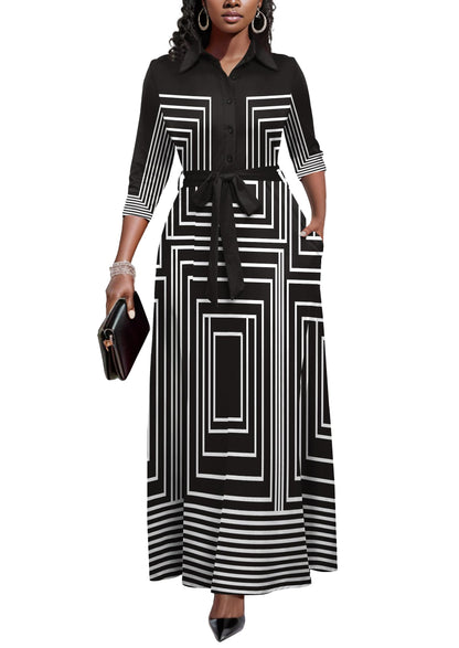 Rumwind Maxi Dresses for Women, 3/4 Sleeve Shirt Collar Casual Afircan Print Church Dress Button Down with Belt and Pockets