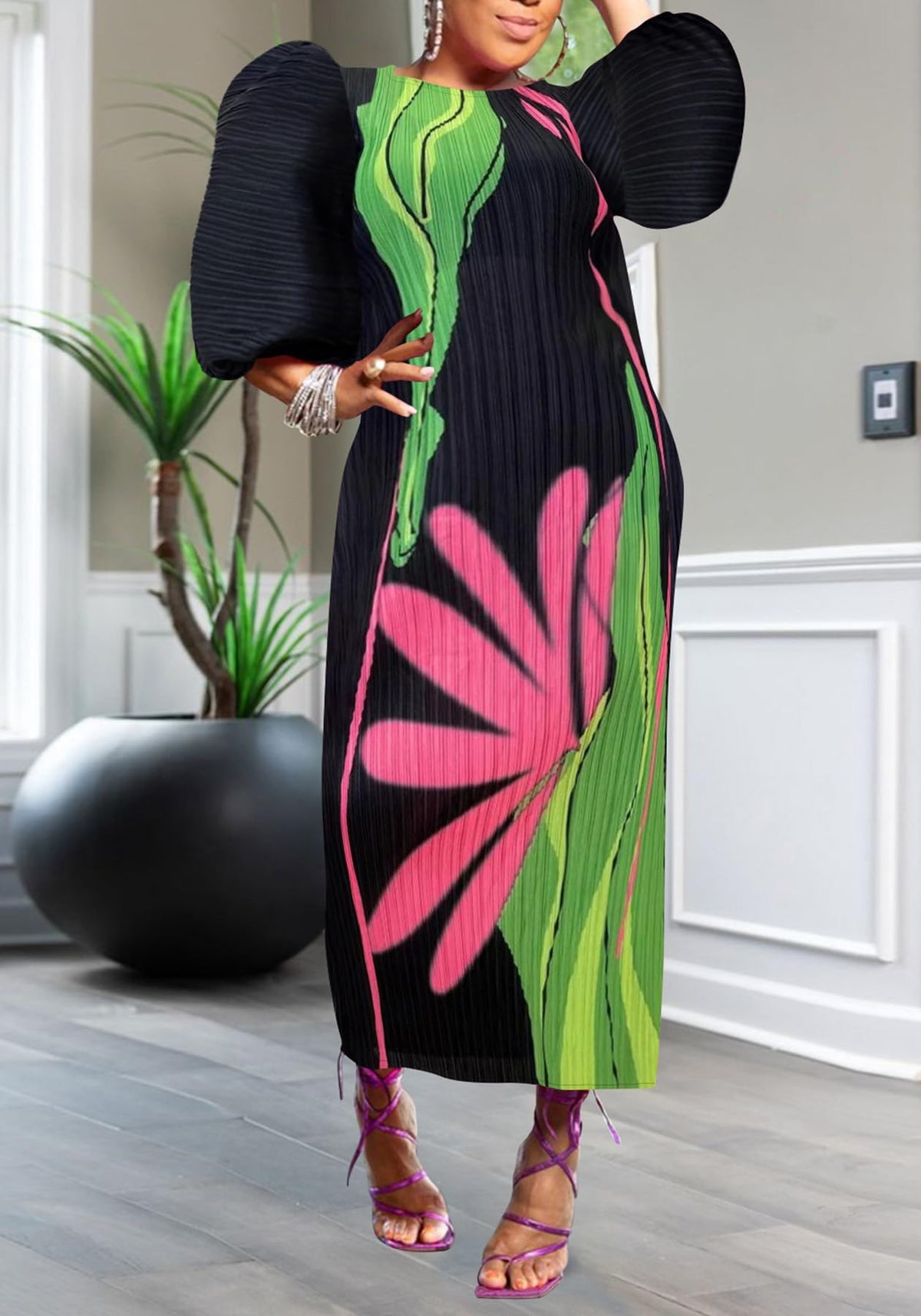 Women Colorful African Dress Floral Party Pleated Maxi Dress