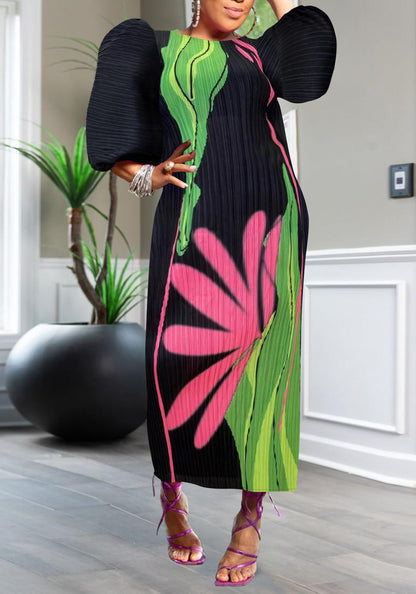 Women Colorful African Dress Floral Party Pleated Maxi Dress