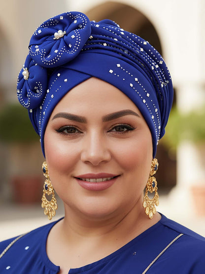 Woeoe Beanie Cap Head Wrap Black Rhinestones Head Scarf Flower Pearls Twisted Head Turban for Women Girls