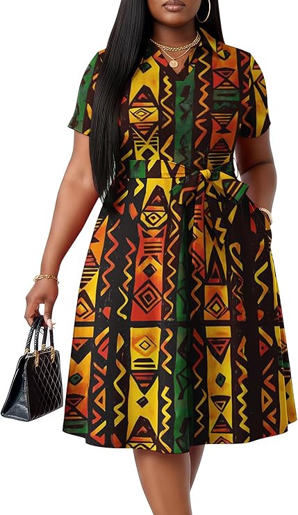 FANDEE Plus Size Dresses, Women Summer Casual V Neck Short Sleeve A-Line Work Cocktail Shirt Midi Dress with Belt and Pockets