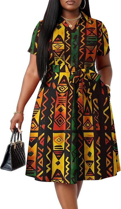 FANDEE Plus Size Dresses, Women Summer Casual V Neck Short Sleeve A-Line Work Cocktail Shirt Midi Dress with Belt and Pockets
