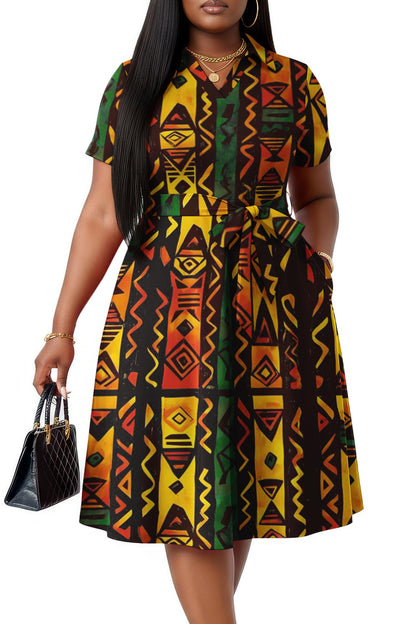 FANDEE Plus Size Dresses, Women Summer Casual V Neck Short Sleeve A-Line Work Cocktail Shirt Midi Dress with Belt and Pockets