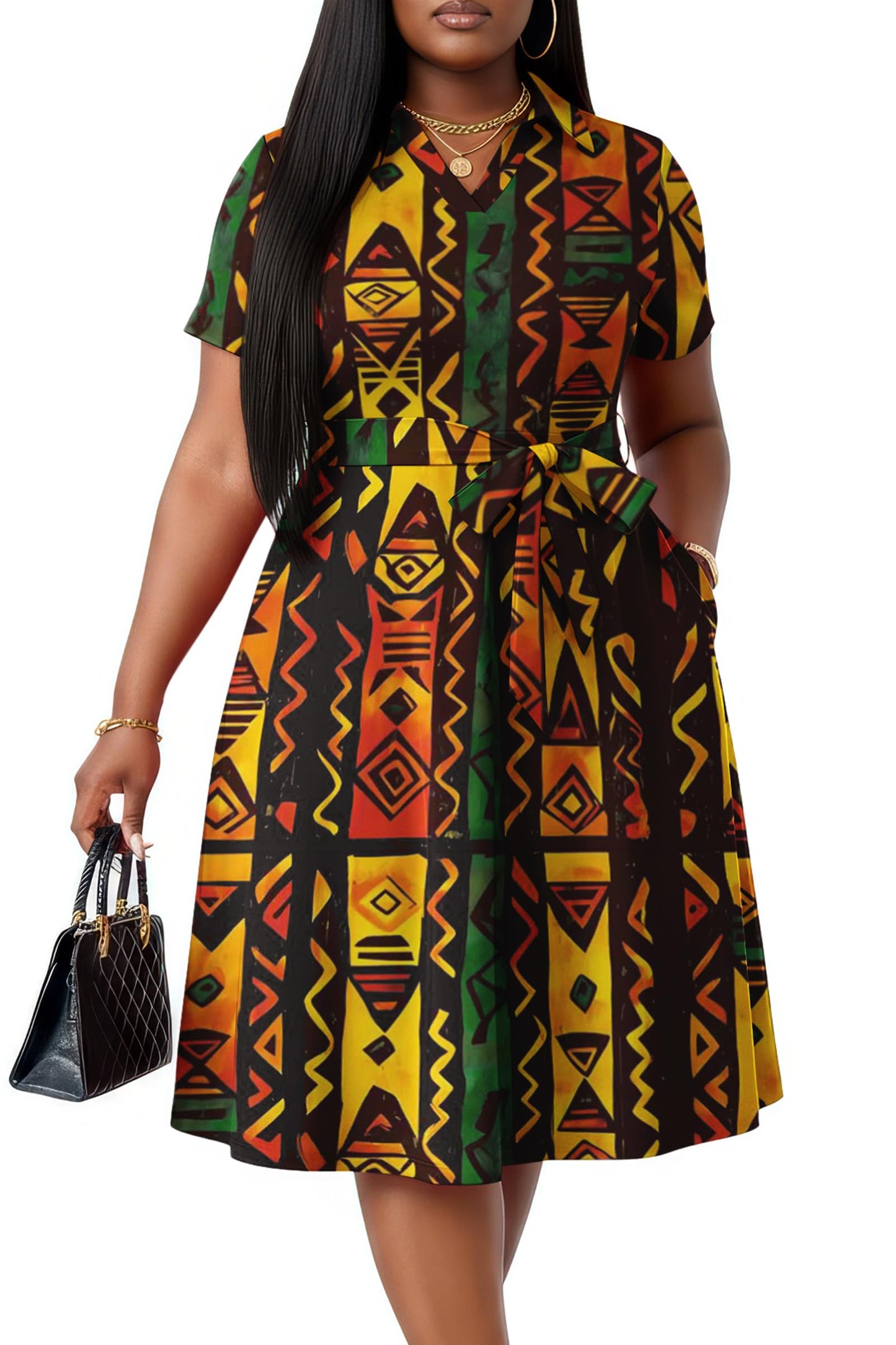 FANDEE Plus Size Dresses, Women Summer Casual V Neck Short Sleeve A-Line Work Cocktail Shirt Midi Dress with Belt and Pockets