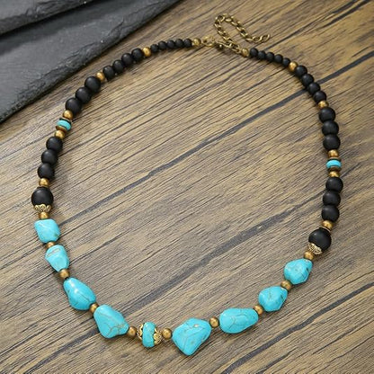 Beaded Necklace for Men,Handmade Men Turquoise Beaded Choker,Natural Wood Bead Necklaces Africa Wooden Chain Statement Unisex Strand Necklaces Hip Hop Beach Jewelry