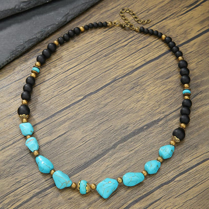 Beaded Necklace for Men,Handmade Men Turquoise Beaded Choker,Natural Wood Bead Necklaces Africa Wooden Chain Statement Unisex Strand Necklaces Hip Hop Beach Jewelry