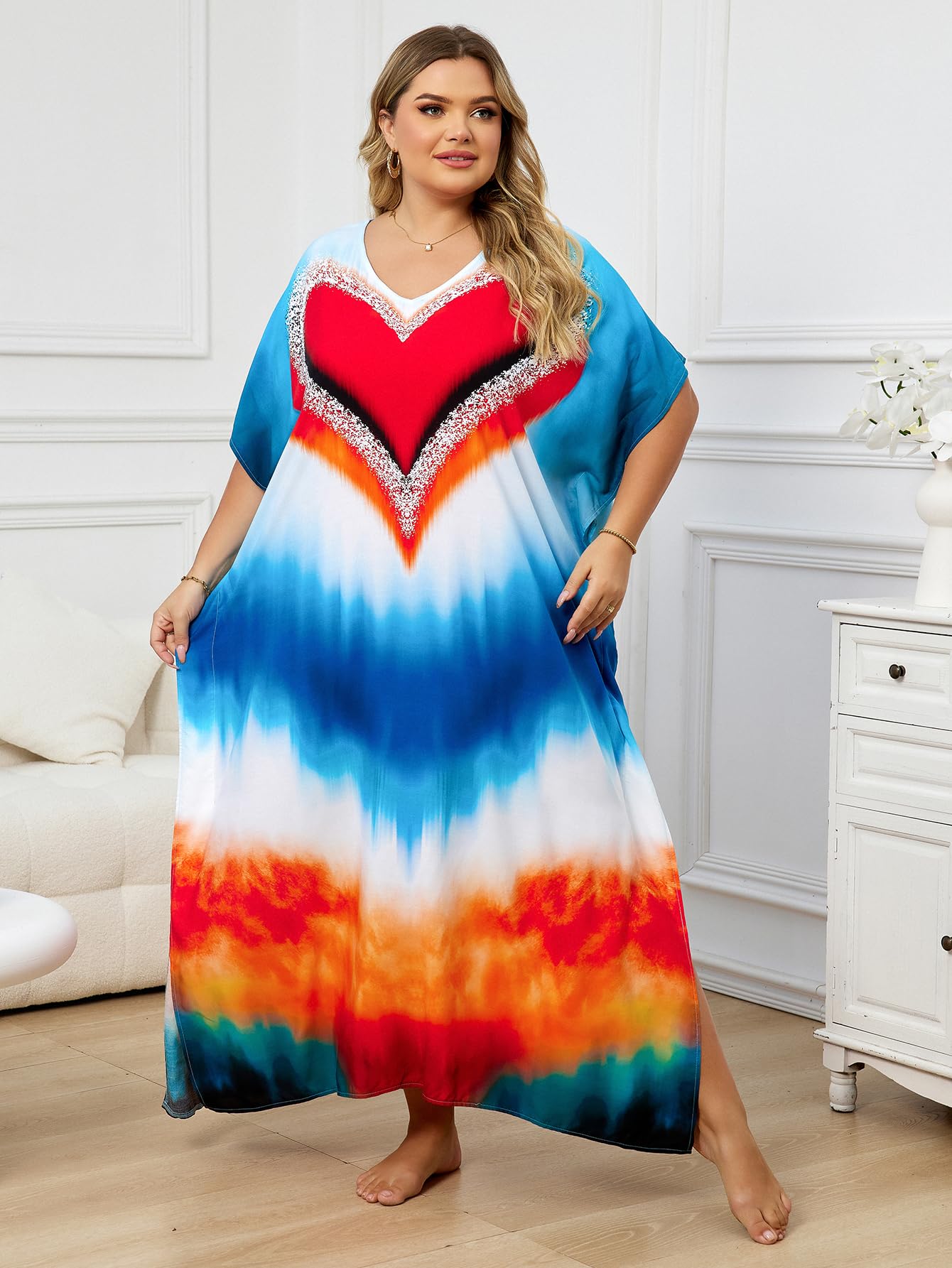 KECVOT Kaftan Dresses for Women V-Neck Print Swimsuit Cover Up Plus Size Beach Caftan Lounge Dress