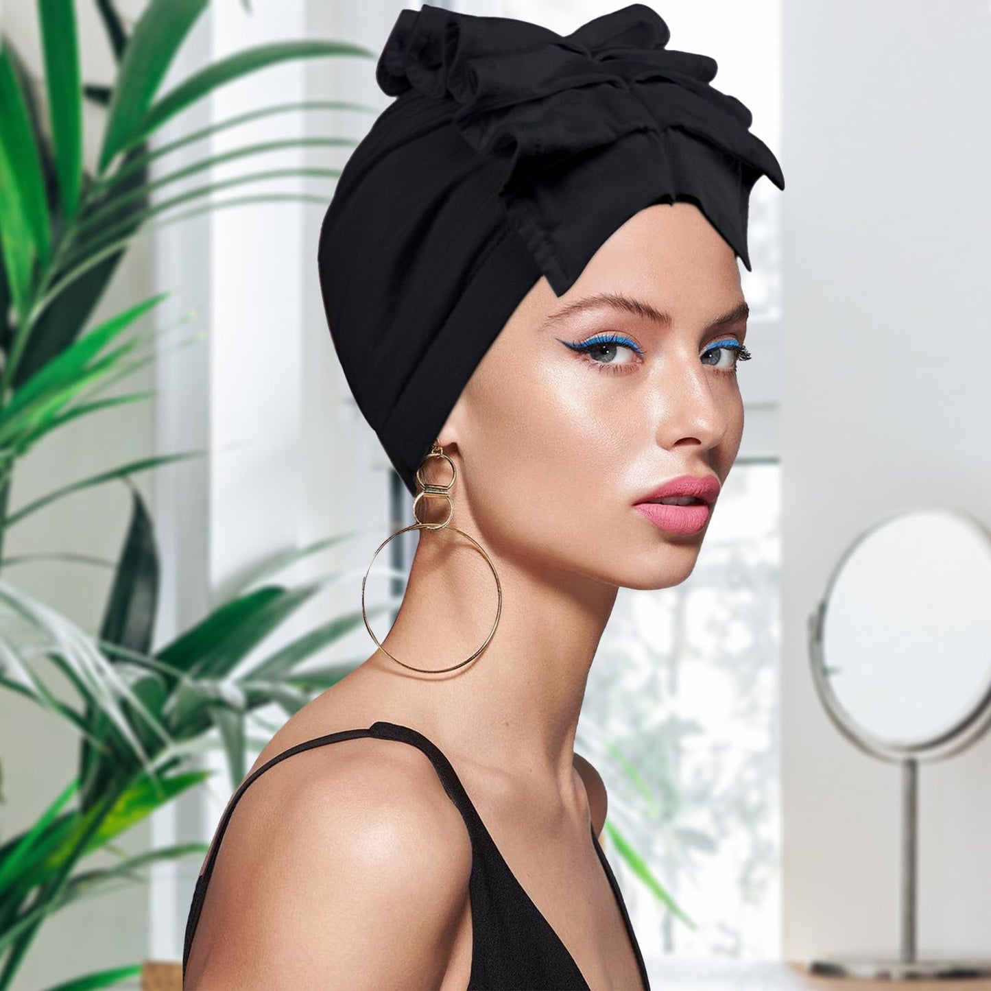Babalet Stretch Turban Hats for Women, African Double-Layered Headwraps Soft Pre Tied Pleated Ruffled Hat