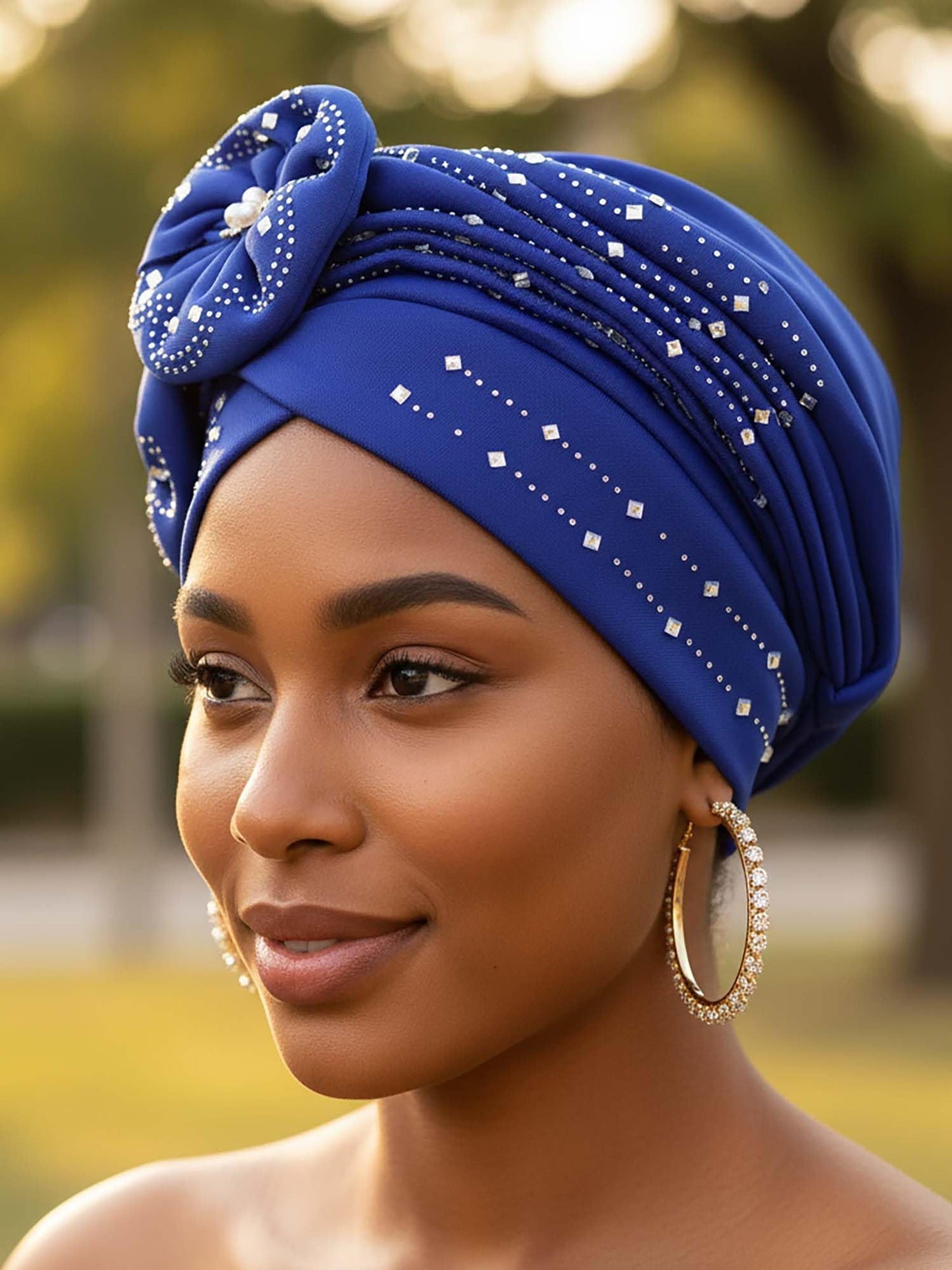 Woeoe Beanie Cap Head Wrap Black Rhinestones Head Scarf Flower Pearls Twisted Head Turban for Women Girls