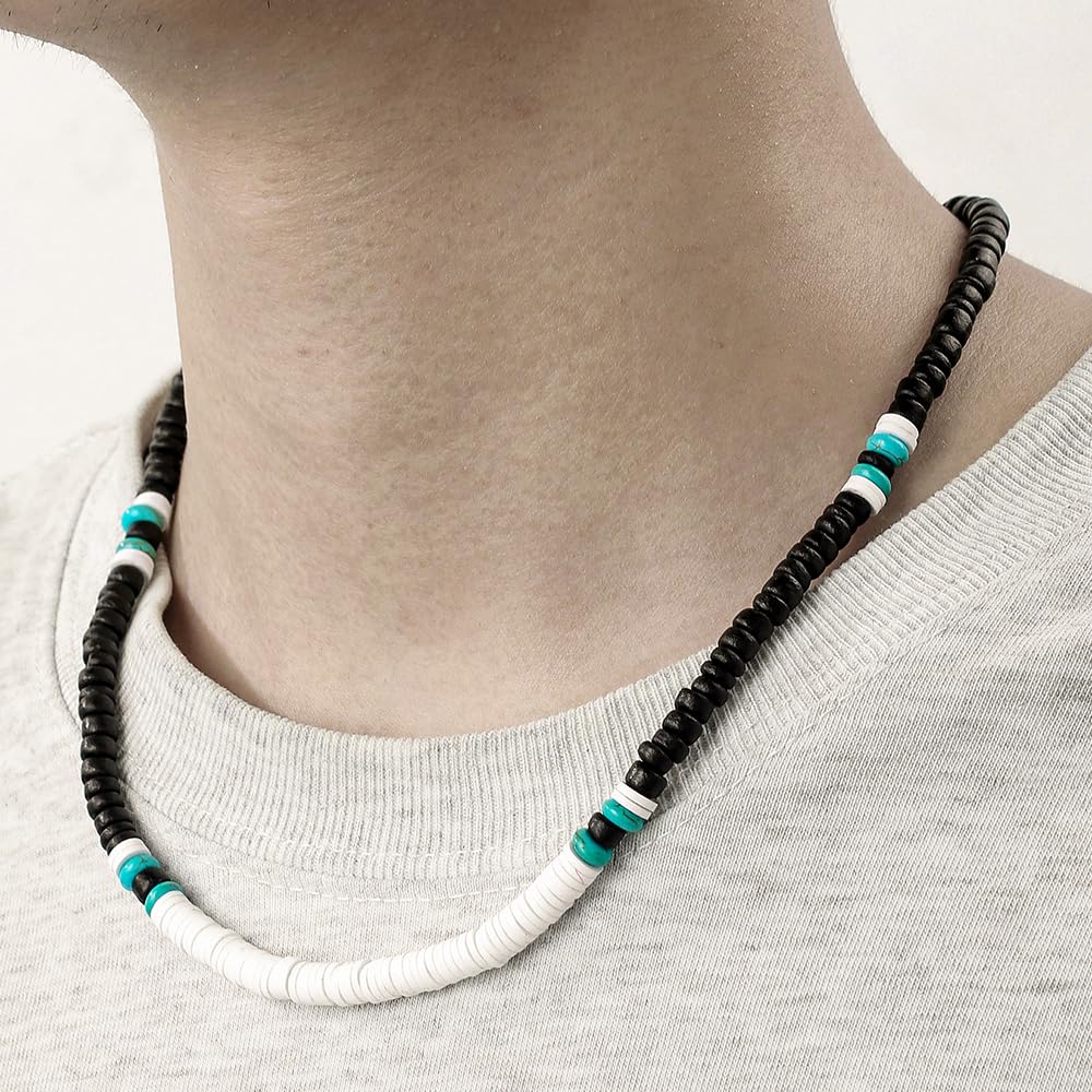 Beaded Necklace for Men,Handmade Men Turquoise Beaded Choker,Natural Wood Bead Necklaces Africa Wooden Chain Statement Unisex Strand Necklaces Hip Hop Beach Jewelry