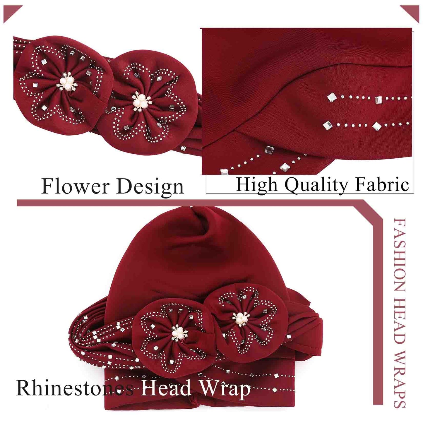 Woeoe Beanie Cap Head Wrap Black Rhinestones Head Scarf Flower Pearls Twisted Head Turban for Women Girls