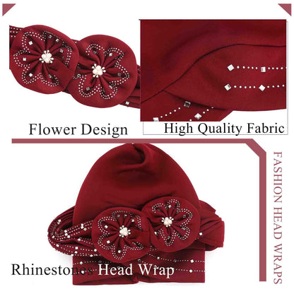Woeoe Beanie Cap Head Wrap Black Rhinestones Head Scarf Flower Pearls Twisted Head Turban for Women Girls