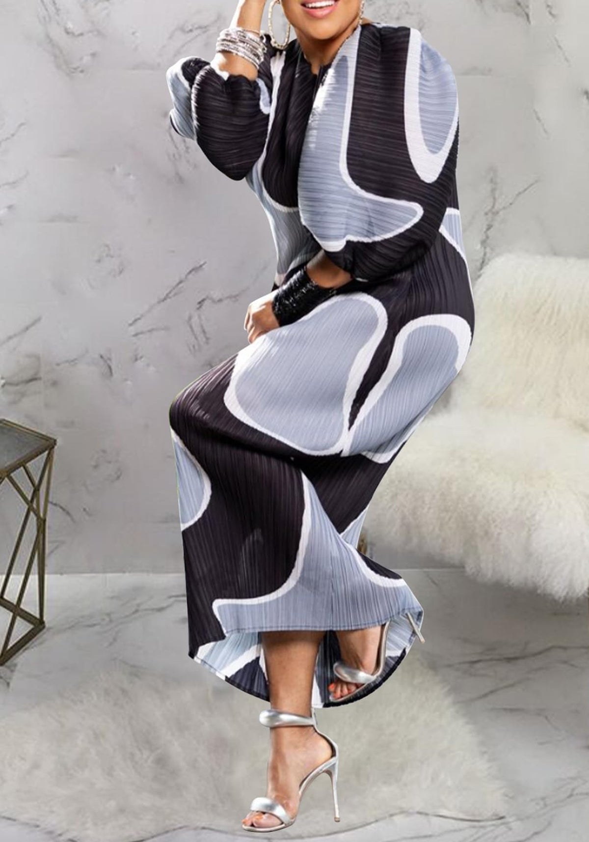 Women Colorful African Dress Floral Party Pleated Maxi Dress