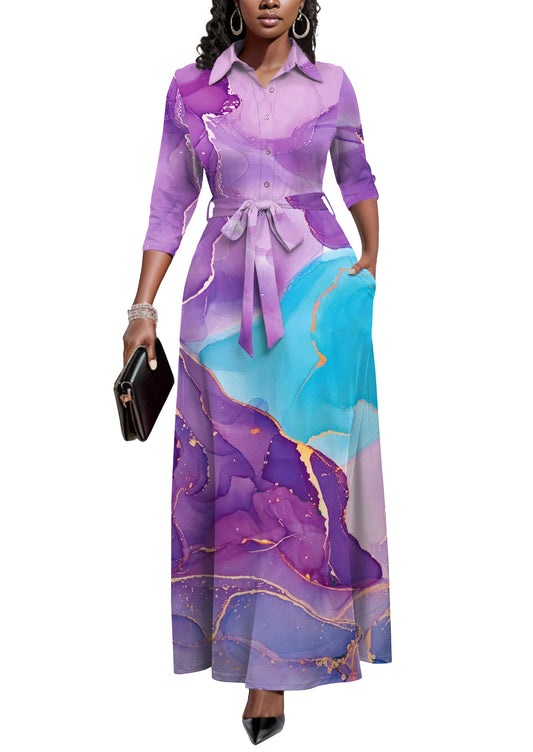 Rumwind Maxi Dresses for Women, 3/4 Sleeve Shirt Collar Casual Afircan Print Church Dress Button Down with Belt and Pockets