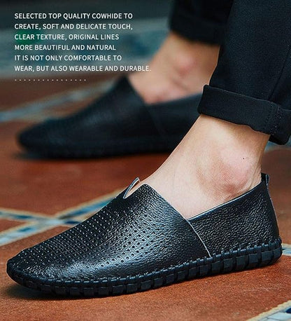 Men's Genuine Leather Loafer Shoes Slip On Soft Walking Shoes Perforated Driving Shoes
