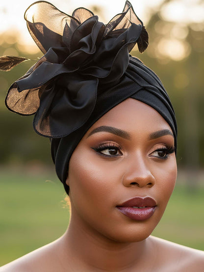 Woeoe Flower Turban Cap 20s Feather Fascinator Headwrap for Women