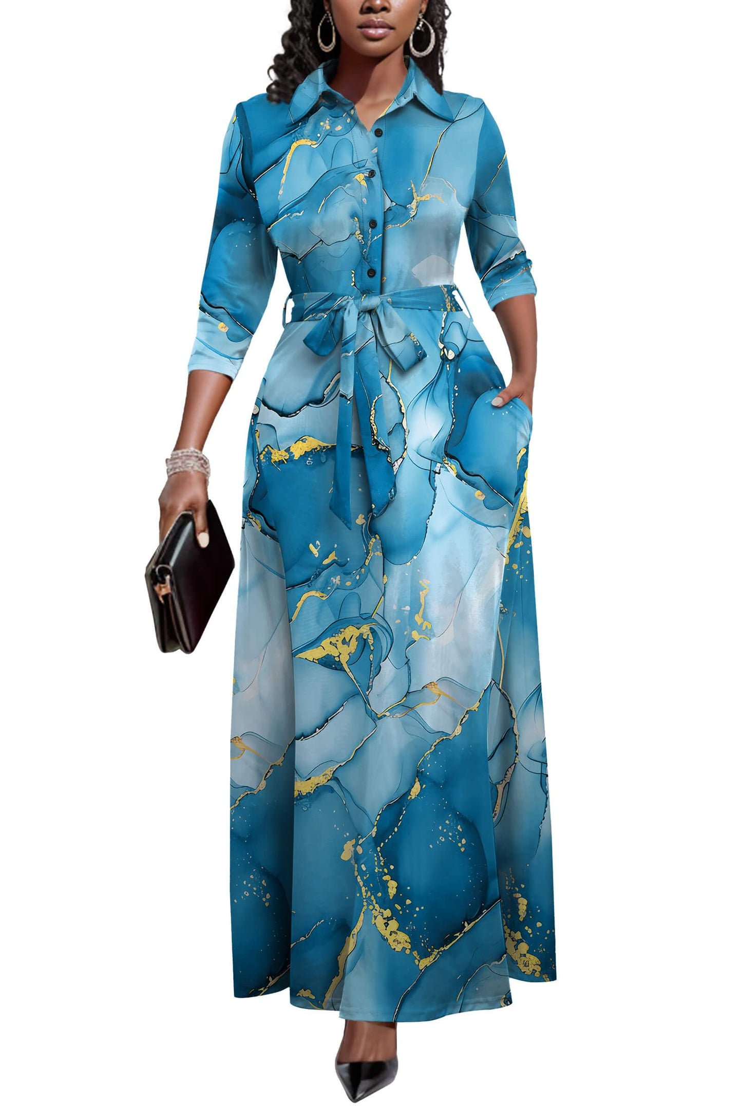 Runwind Women Church Maxi Dresses 3/4 Sleeve Button Down Print Casual Office Dress African