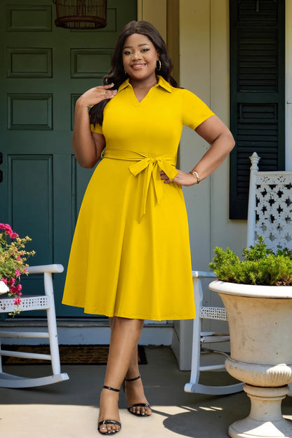 FANDEE Plus Size Dresses, Women Summer Casual V Neck Short Sleeve A-Line Work Cocktail Shirt Midi Dress with Belt and Pockets