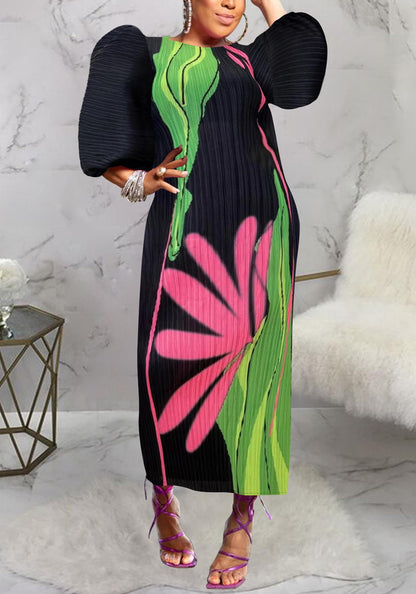 Women Colorful African Dress Floral Party Pleated Maxi Dress