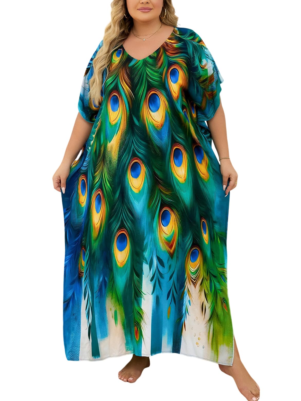 KECVOT Kaftan Dresses for Women V-Neck Print Swimsuit Cover Up Plus Size Beach Caftan Lounge Dress