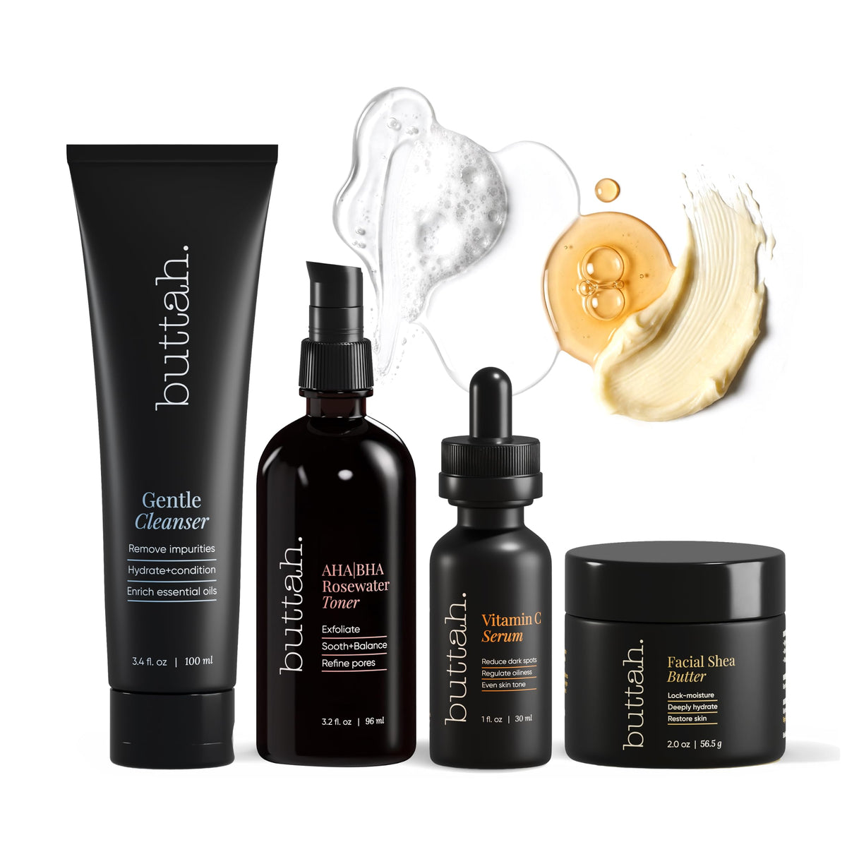 Buttah Skin Supreme Kit for Melanin Rich Skin | Oil-Free Hyaluronic Gel Cream 2 oz | Vitamin C Serum 1 oz | Cleanser 3.4 oz | Rosewater Toner 3.4 oz | Black Owned Skincare