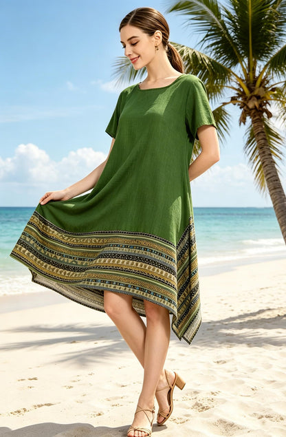 Minibee Women's Ethnic Cotton Linen Short/Long Sleeves Irregular Dress