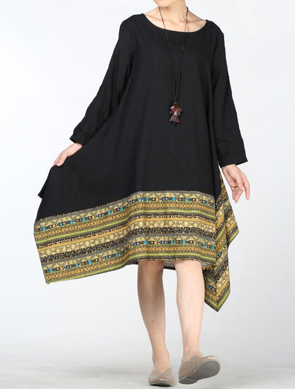 Minibee Women's Ethnic Cotton Linen Short/Long Sleeves Irregular Dress