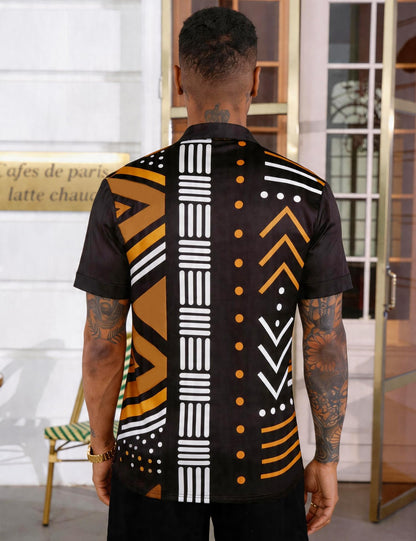 Mens African Dashiki Kente Printed Shirts Cuban Collar Short Sleeve Button Down Vintage Beach Summer Hawaiian Shirts