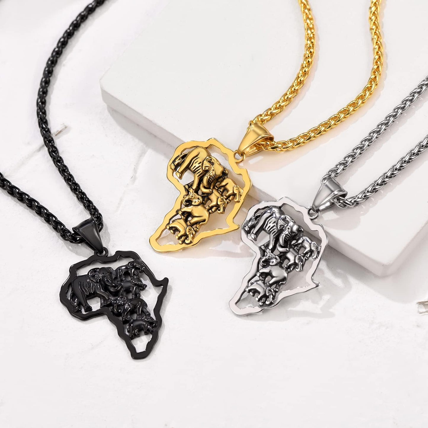 GOLDCHIC JEWELRY Africa Map Necklace for Men, Stainless Steel African Tribal/Egyptian Eye of Horus/I LOVE AFRICA/Elephant Map Hiphop Jewelry Unisex with 22'+2'Adjustable Chain