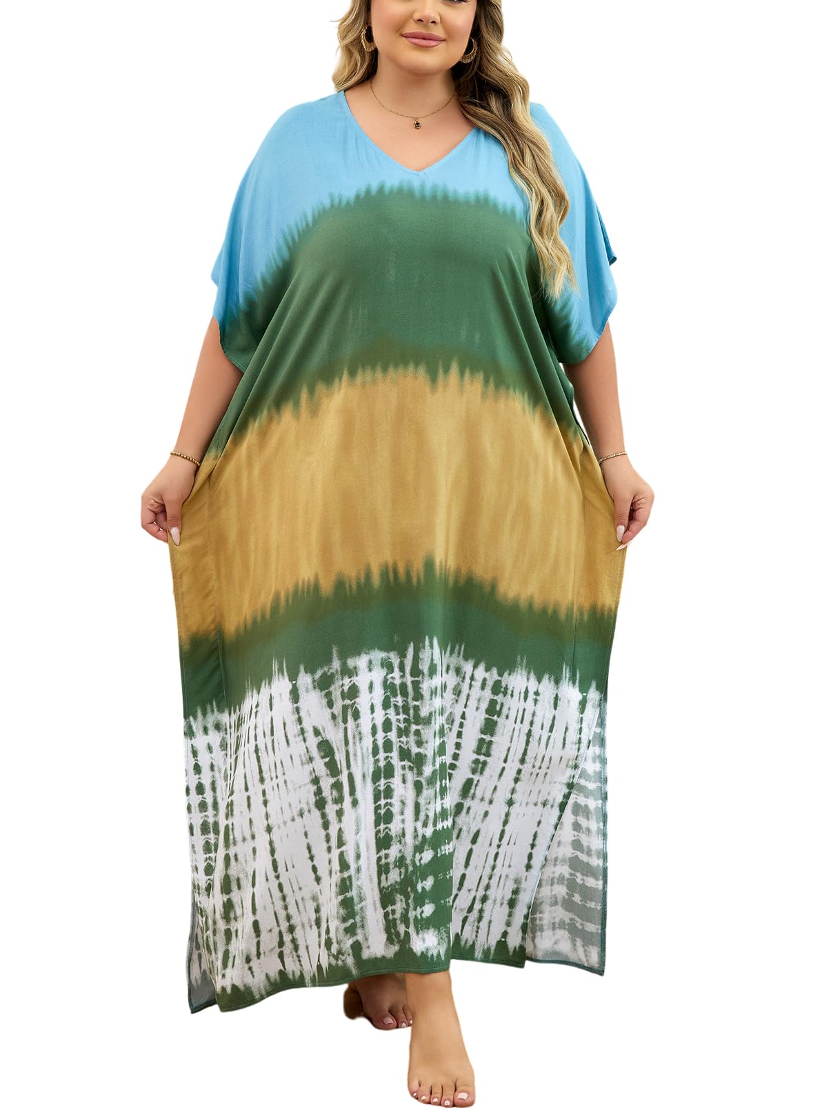 KECVOT Kaftan Dresses for Women V-Neck Print Swimsuit Cover Up Plus Size Beach Caftan Lounge Dress