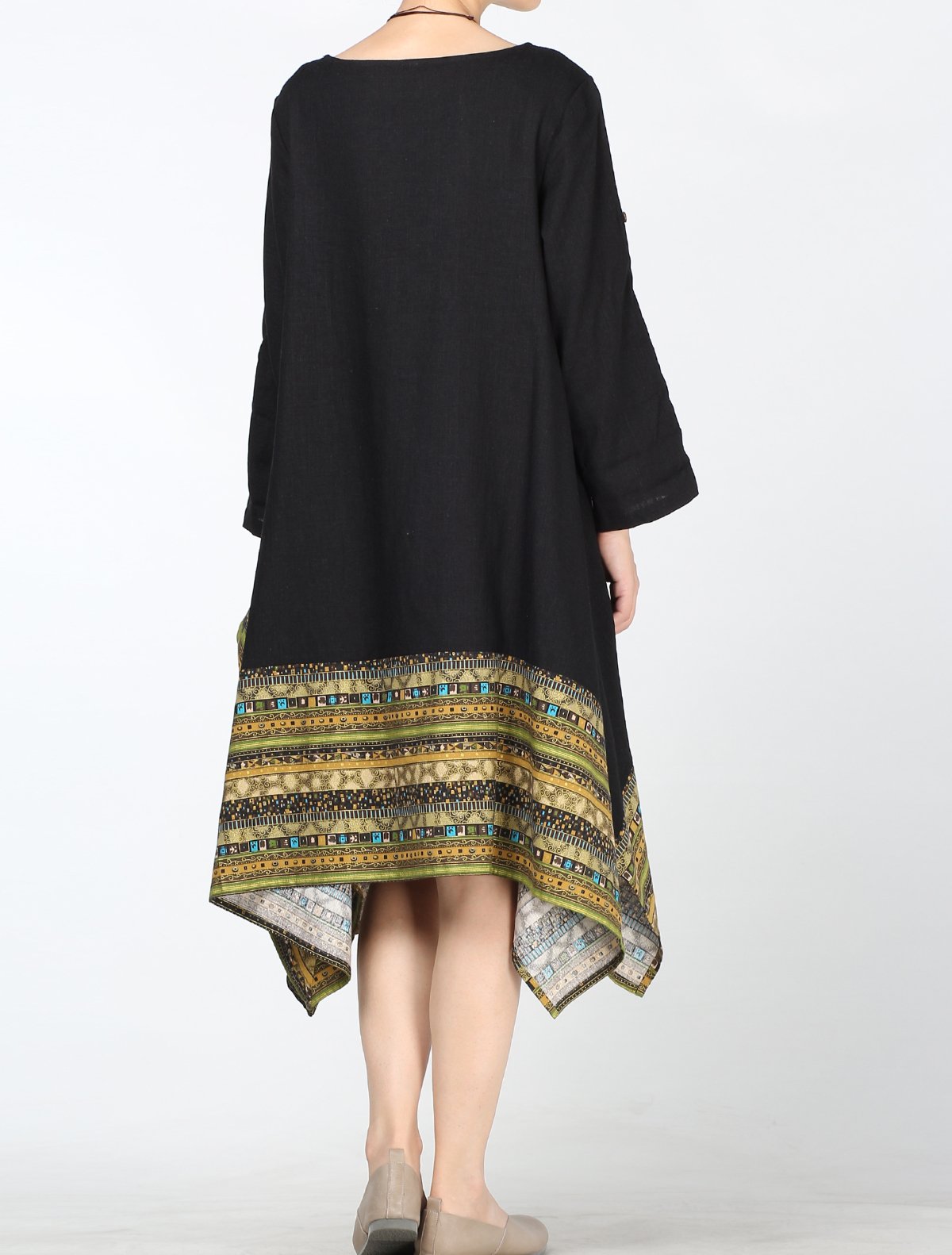 Minibee Women's Ethnic Cotton Linen Short/Long Sleeves Irregular Dress