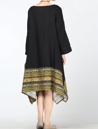 Minibee Women's Ethnic Cotton Linen Short/Long Sleeves Irregular Dress