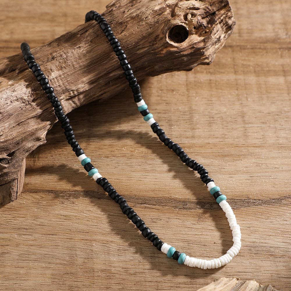 Beaded Necklace for Men,Handmade Men Turquoise Beaded Choker,Natural Wood Bead Necklaces Africa Wooden Chain Statement Unisex Strand Necklaces Hip Hop Beach Jewelry