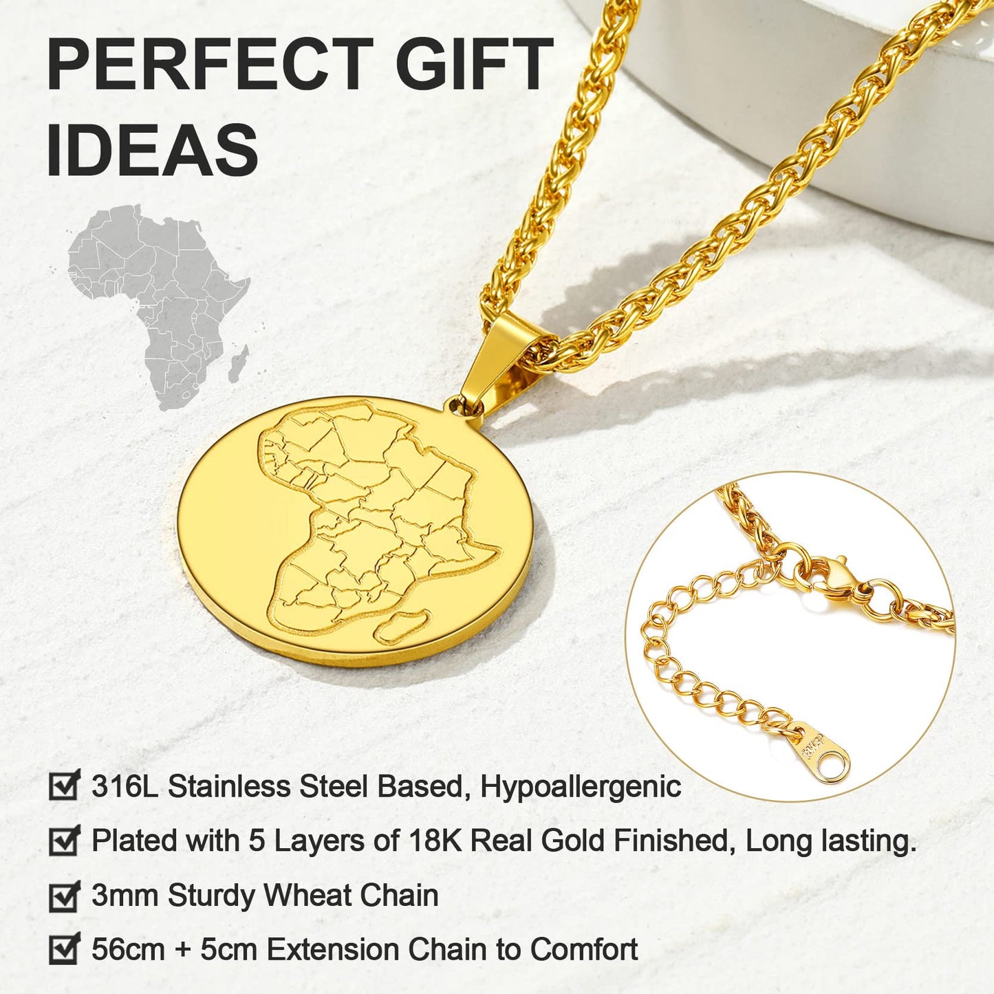 GOLDCHIC JEWELRY Africa Map Necklace for Men, Stainless Steel African Tribal/Egyptian Eye of Horus/I LOVE AFRICA/Elephant Map Hiphop Jewelry Unisex with 22'+2'Adjustable Chain