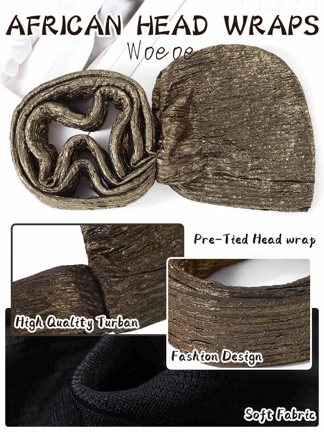 Woeoe African Head Wraps for Black Women Gold Pre Tied Headdress Wedding Turban Hats