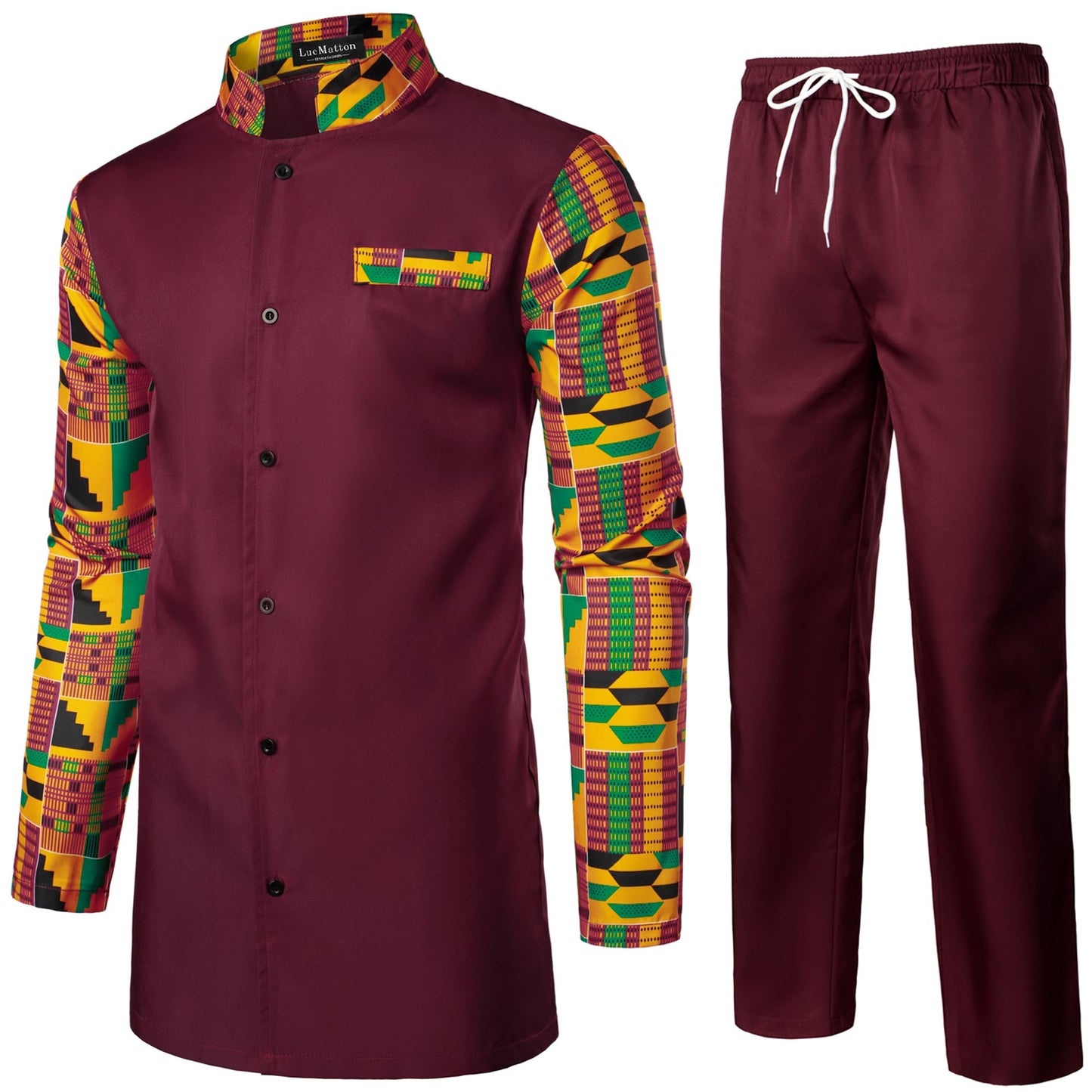 LucMatton Men's 2 Piece Outfits Long Sleeve Button Down African Dashiki Shirts and Pants Set Traditional Ethnic Suits
