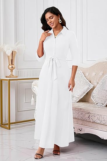 Runwind Women Church Maxi Dresses 3/4 Sleeve Button Down Print Casual Office Dress African