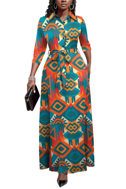 Runwind Women Church Maxi Dresses 3/4 Sleeve Button Down Print Casual Office Dress African